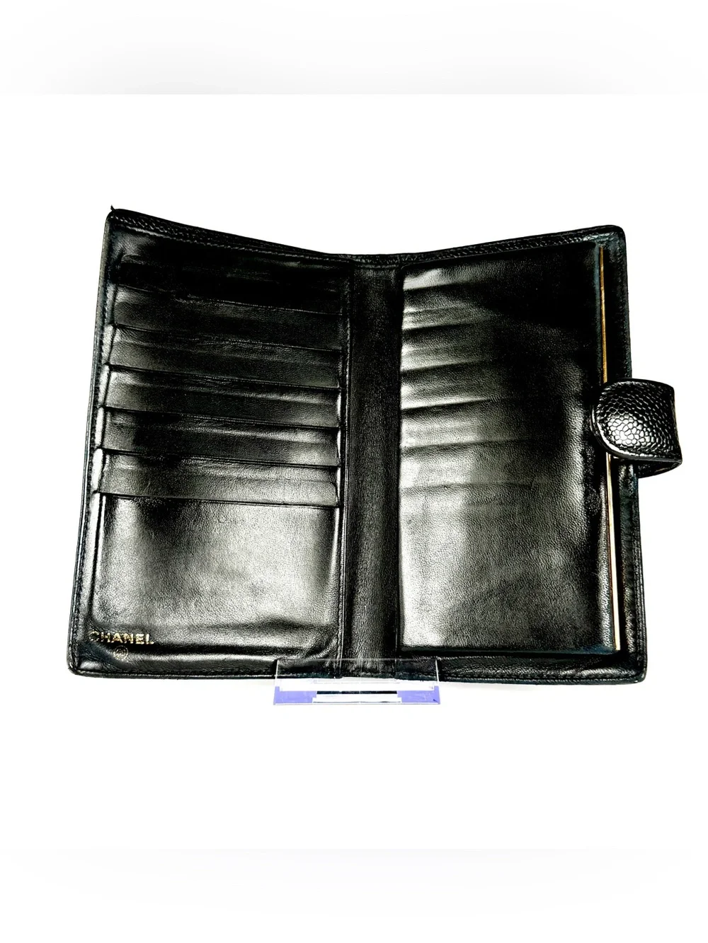 Chanel Black Caviar Leather Long Snap Bifold Wallet | Vintage CC Logo